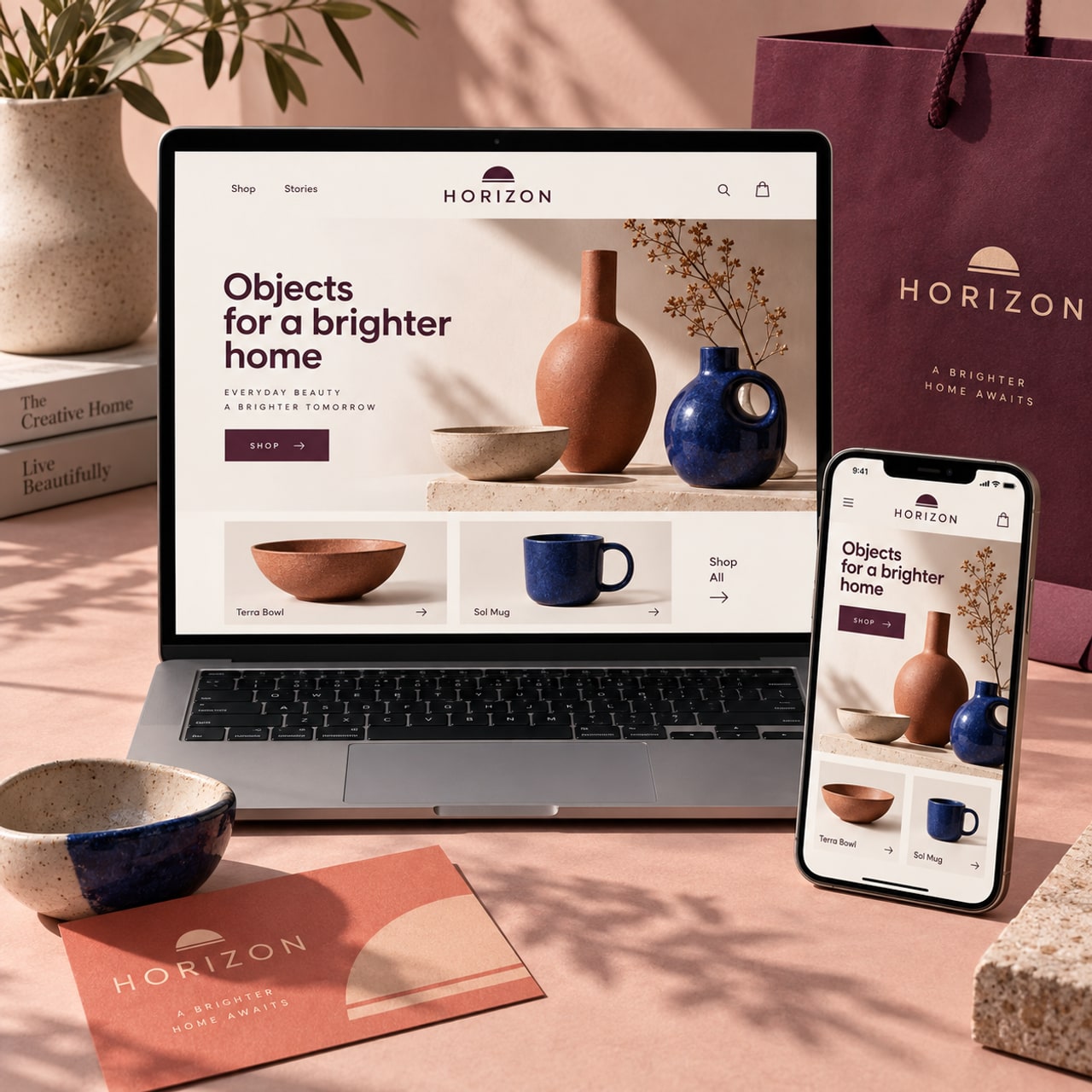 Horizon brand concept across a beautifully designed shopping website, mobile shop and coordinated packaging.