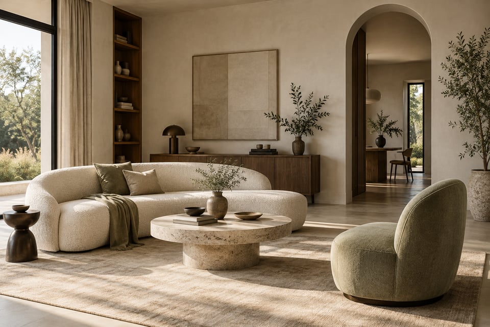 Illustrative interior-design project: a sunlit living room with sculptural furniture, travertine and warm timber.