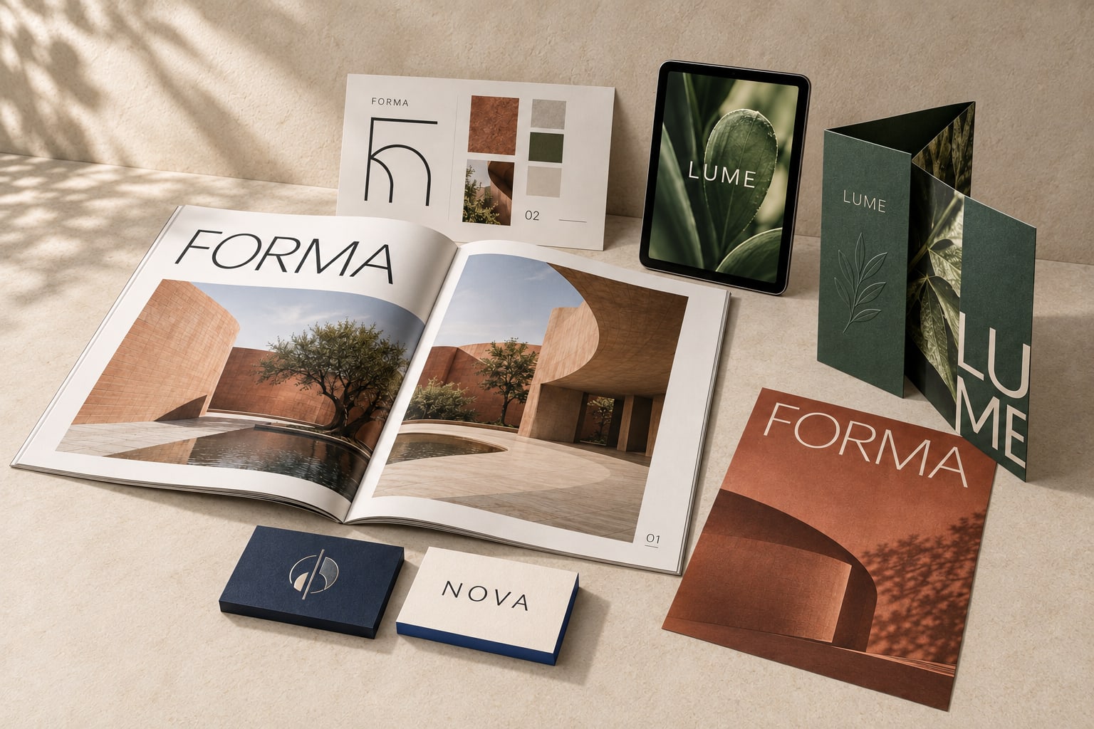 Concept design studies: an architectural brochure, folded leaflet, business cards, identity sheet and digital campaign in distinct visual styles.